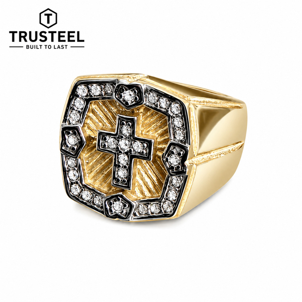 Gold Tone Cross Signet Ring Men 316L Stainless Steel CZ Christian size 12